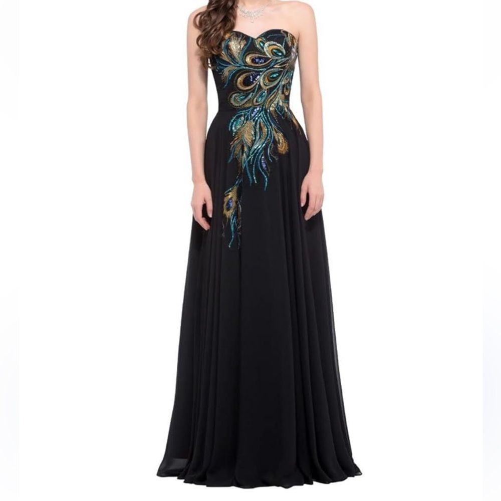 New w/tags Grace Karin Black Strapless Evening Prom Dress w/ Peacock Design